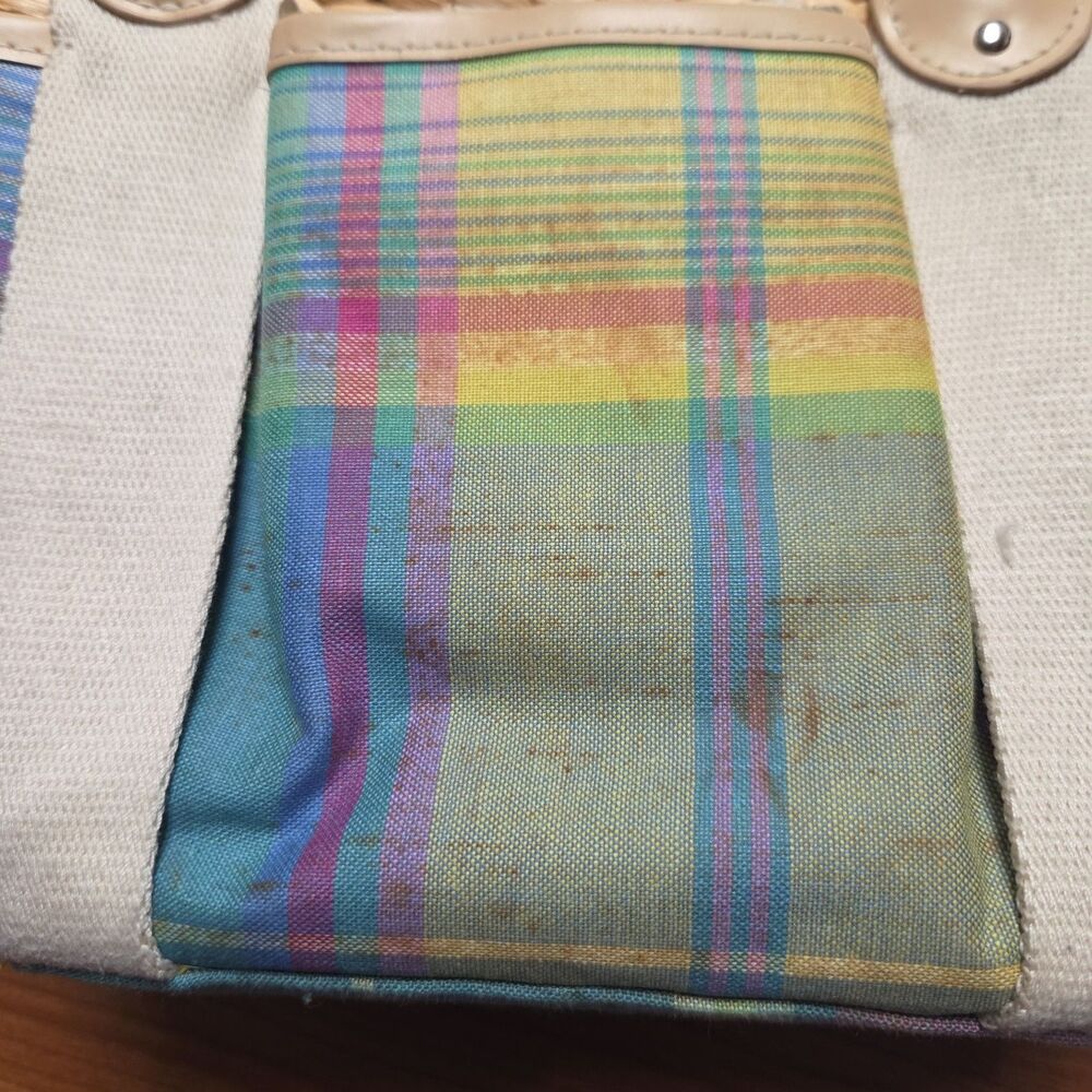 Lauren Ralph Lauren Woven Straw Basket Tote Bag PlaidMulticolor Canvas Beach Bag - Picture 12 of 12